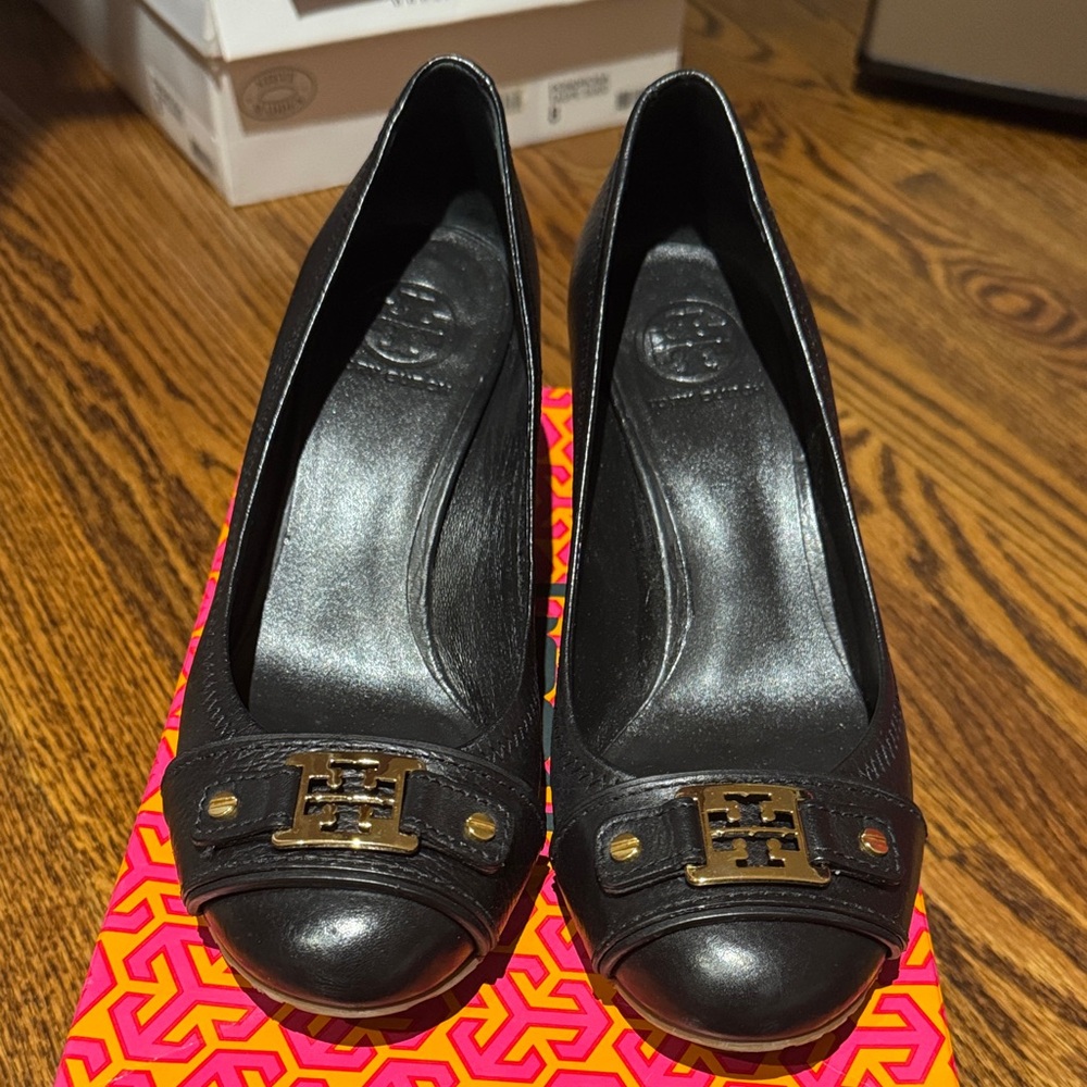 Tory Burch Black Leather Wedge with Gold Accent